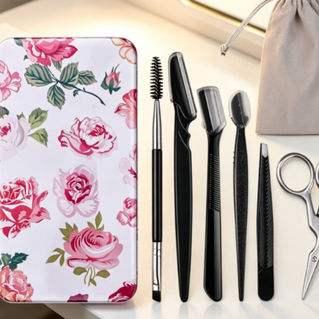 Eyebrow Grooming Set (Scissors, Tweezers, Blade) With Spoolie Brush