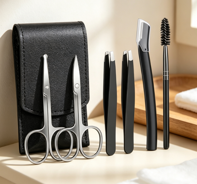 Eyebrow Grooming Set (Scissors, Tweezers, Blade, Brush) With Leather Storage Pouch - Image 2