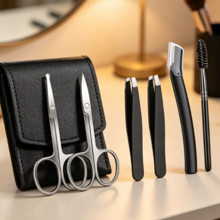 Eyebrow Grooming Set (Scissors, Tweezers, Blade, Brush) With Leather Storage Pouch