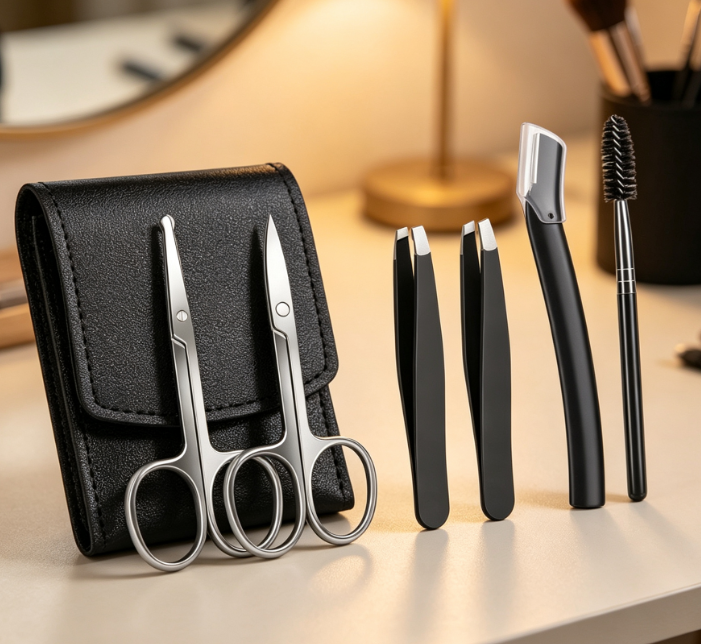 Eyebrow Grooming Set (Scissors, Tweezers, Blade, Brush) With Leather Storage Pouch