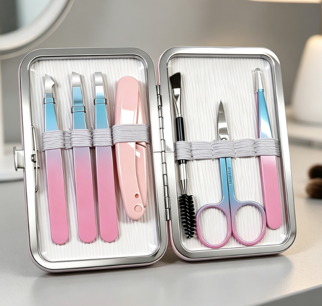 7-Piece Eyebrow Tweezer Set In Portable Travel Storage Case