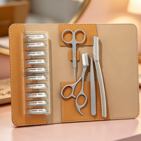 4-Piece Eyebrow Grooming Set (Tweezers, Scissors) With Leather Travel Case