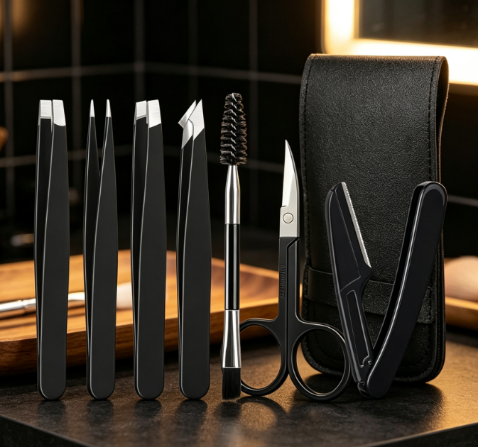 7-Piece Eyebrow Grooming Set: Scissors, Tweezers, Blade, And Brush