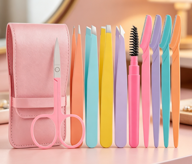 10-Piece Eyebrow Grooming Set (Tweezers, Scissors) With Storage Case