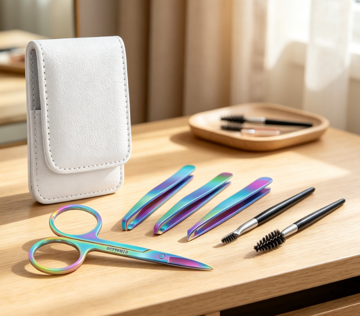 6-Piece Eyebrow Tweezer Set With Curved Scissors In Leather Case - Image 2