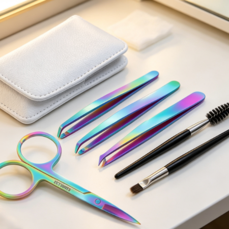 6-Piece Eyebrow Tweezer Set With Curved Scissors In Leather Case