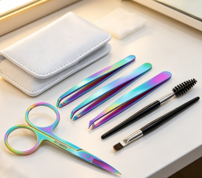6-Piece Eyebrow Tweezer Set With Curved Scissors In Leather Case