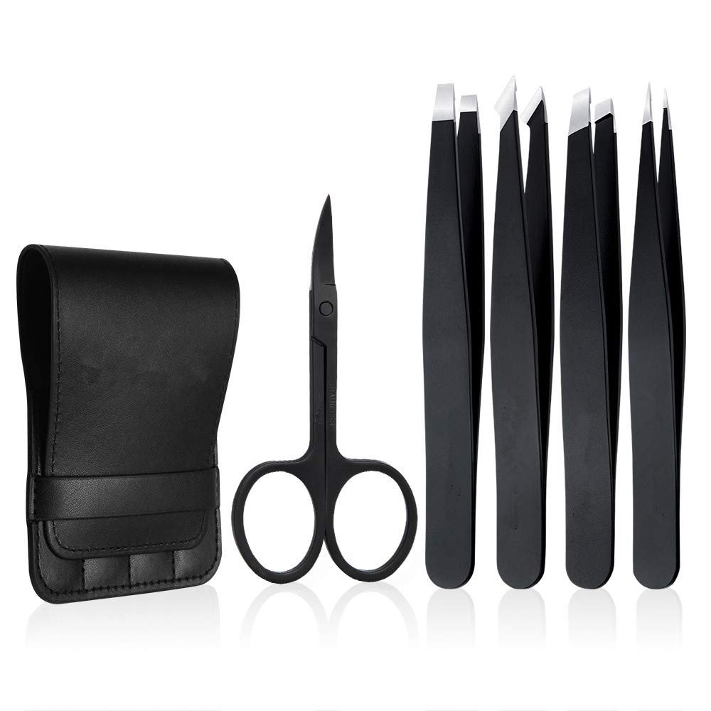 4-Piece Black Stainless Steel Eyebrow Tweezer Set