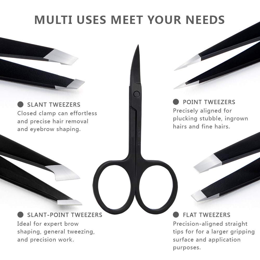 4-Piece Black Stainless Steel Eyebrow Tweezer Set - Image 2