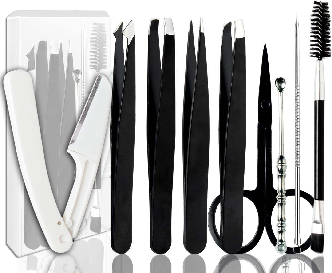 6-Piece Eyebrow Grooming Set (Tweezers, Scissors, Brush) in Leather Case