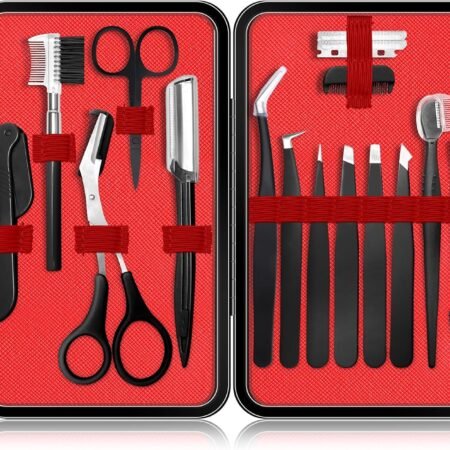 Eyebrow Grooming Set (Scissors, Tweezers, Brush) with Leather Case