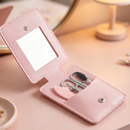 5-Piece Eyebrow Grooming Set With Mirror And Leather Storage Pouch